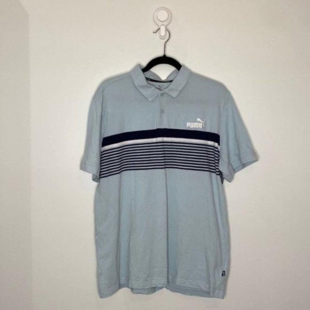 Puma Men Blue White Striped Collared Button Down Polo Short Sleeve Shirt Size XL